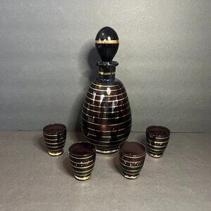 VTG Boho Czech 5pc Purple & Gold Striped Amethyst Glass 18oz Decanter & Glasses